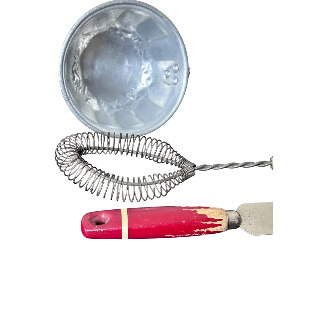 Vintage Kitchen Utensil Set Ice Cream Scoop Whisk Spatula Ladle Red Handle 5 Pcs